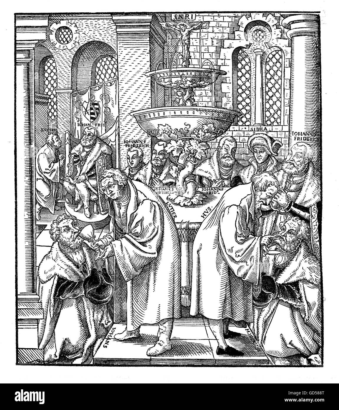Holzschnitt "Luther Und Hus Das Abendmahl Erteilend" von Lukas Cranach (1472-1533). Die Hus erwähnt der Titel ist am ehesten Jan Hus, ein tschechischer Priester und Reformator, 68 Jahre vor Luthers Geburt gestorben. Somit ist die Abbildung auf jeden Fall als allegorische abzuwarten. Stockfoto