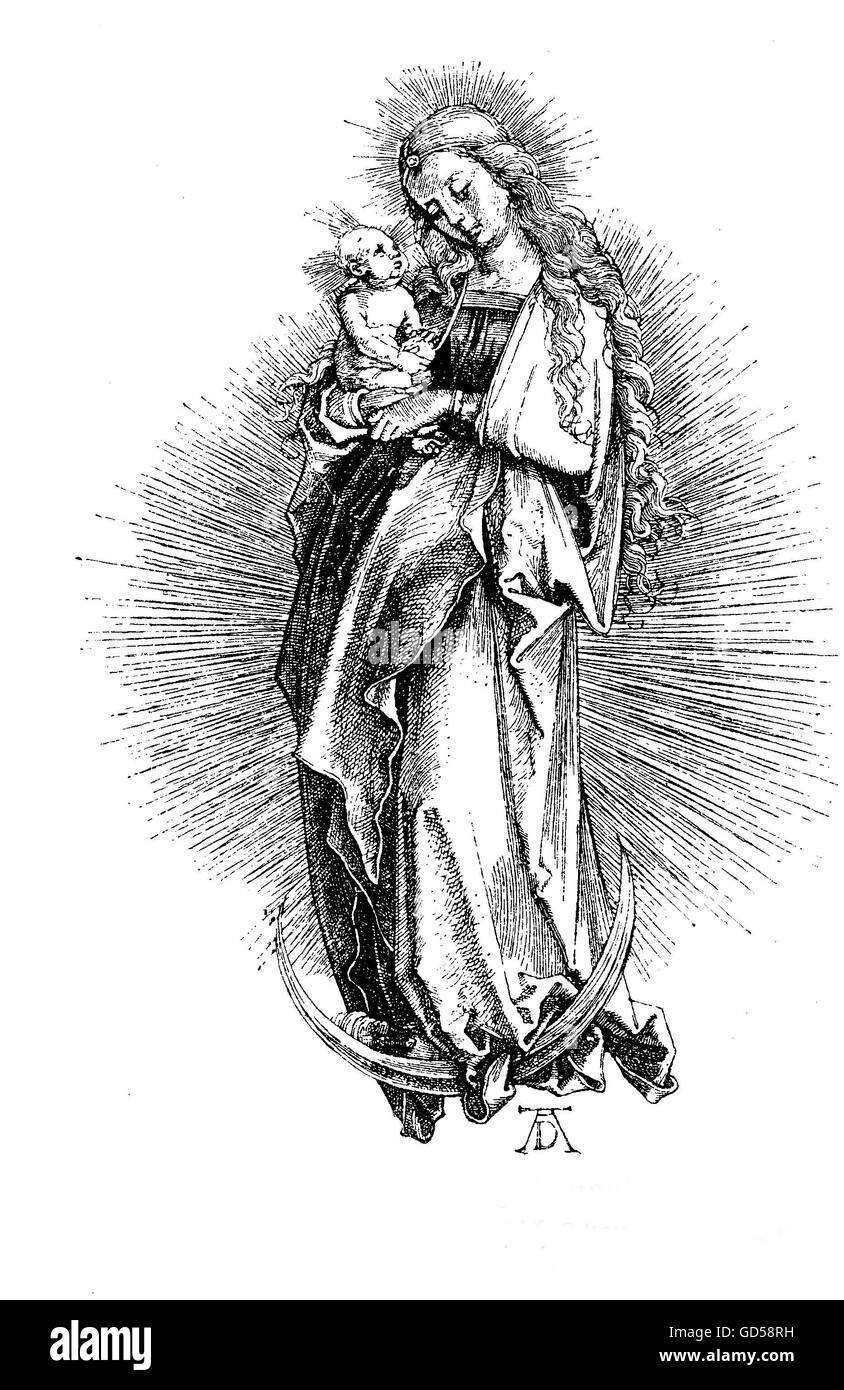 "Madonna mit Kind auf einem Halbmond Moon'(1498) von Albrecht Dürer (1471-1528), Maria und Jesus umgeben von himmlischen Schein. Die unverwechselbare Handschrift von Albrecht Dürer würde nicht Garantie für die Echtheit von selbst, aber der Stil nicht. Stockfoto