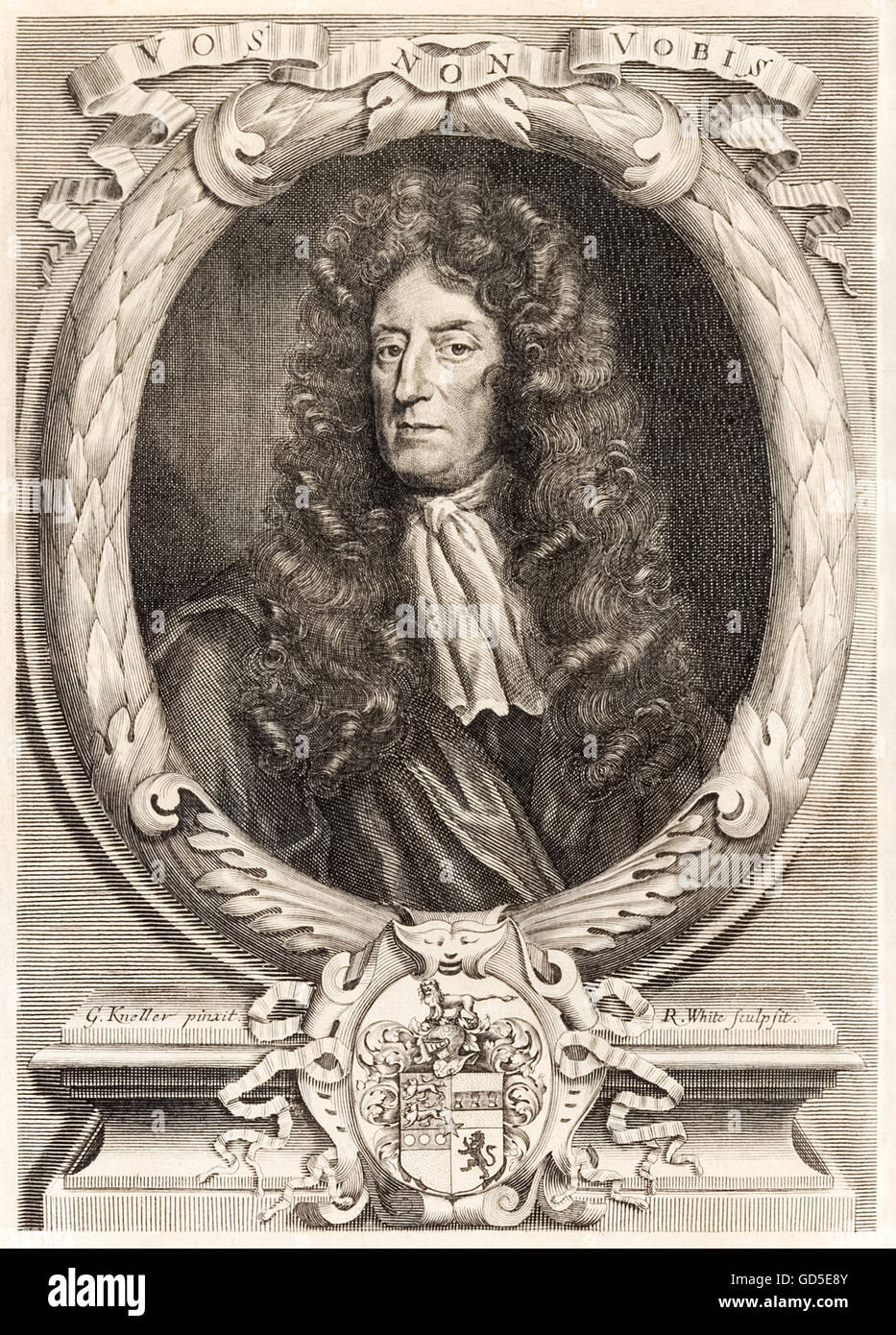 Sir Roger L'Estrange (1616-1704) englische Verleger und Autor, Kupferstich von Roger White nach einem Porträt von Geoffrey Kneller (1646-1723). Siehe Beschreibung für mehr Informationen. Stockfoto