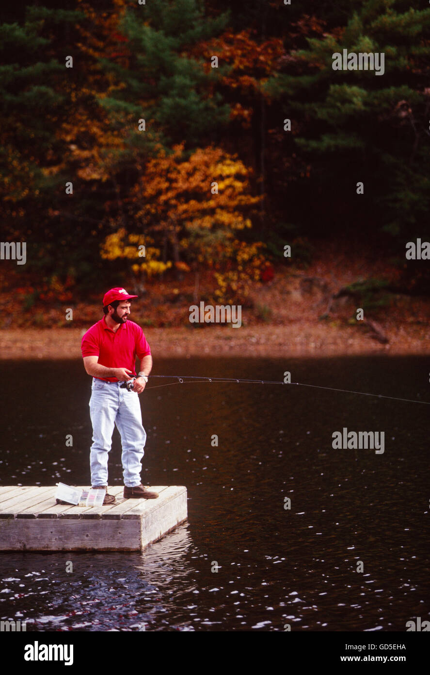 Mann Angeln vom Pier; Pipestem Staatspark & Resort; Pipestem; West Virginia: USA Stockfoto