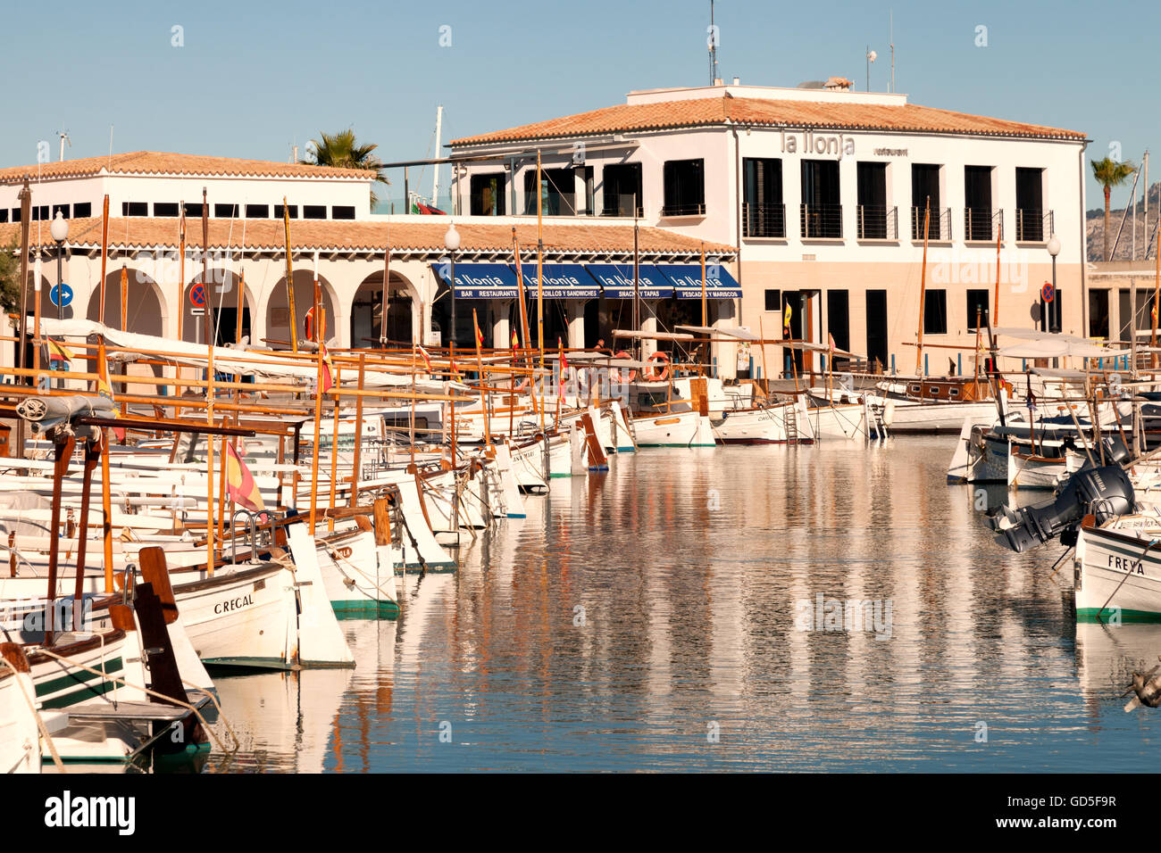 Traditionelle Fischerboote im Hafen, Puerto Pollensa, Malloca (Mallorca), Balearen-Spanien-Europa Stockfoto