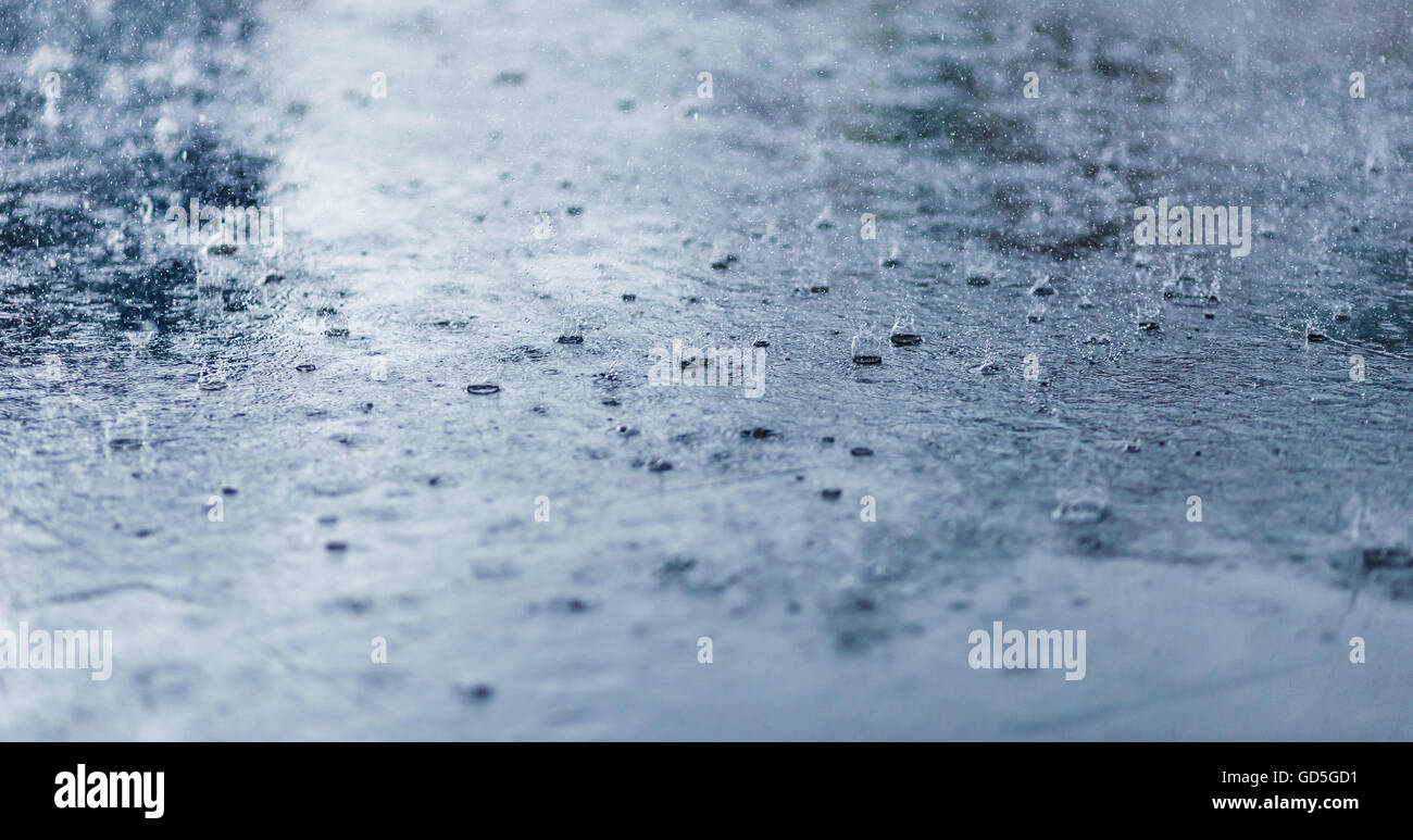 Schwere Regentropfen auf Asphalt Closeup. Kalten Tönen. Stockfoto