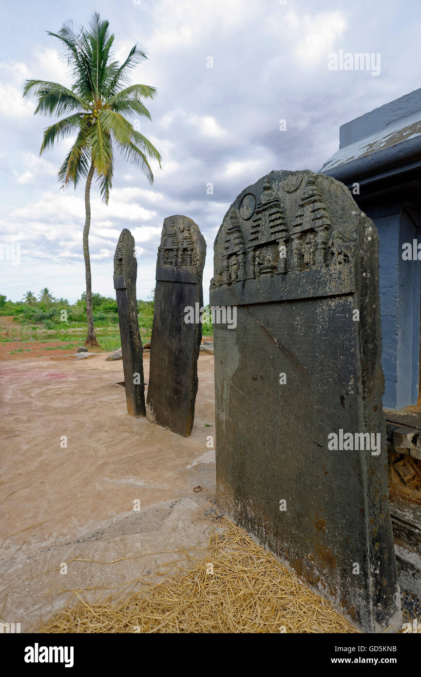 Rock-Inschrift, Basaveshwara Tempel, Belur, Haveri, Karnataka, Indien, Asien Stockfoto