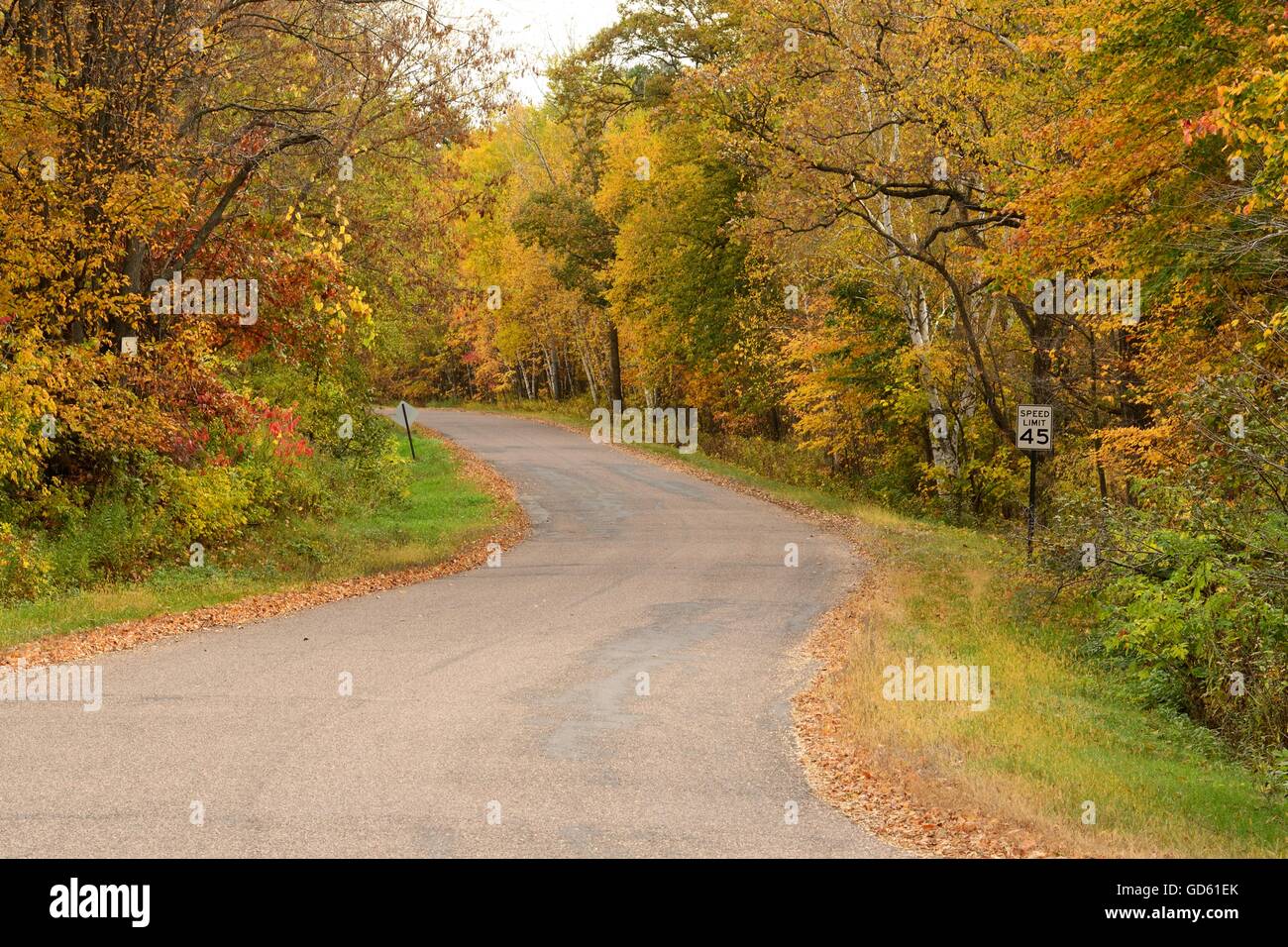 Herbstfarben entlang der Landstraße im mittleren Westen Stockfoto