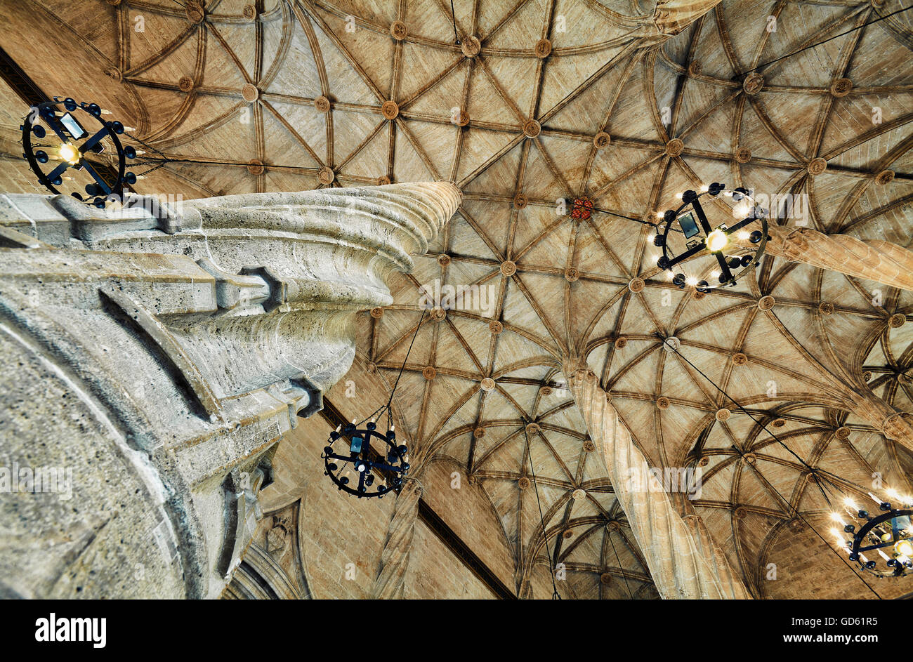 Der Vertrag-Halle auf der Llotja De La Seda Seide Börsengebäude. UNESCO-Weltkulturerbe. Valencia. Spanien Stockfoto