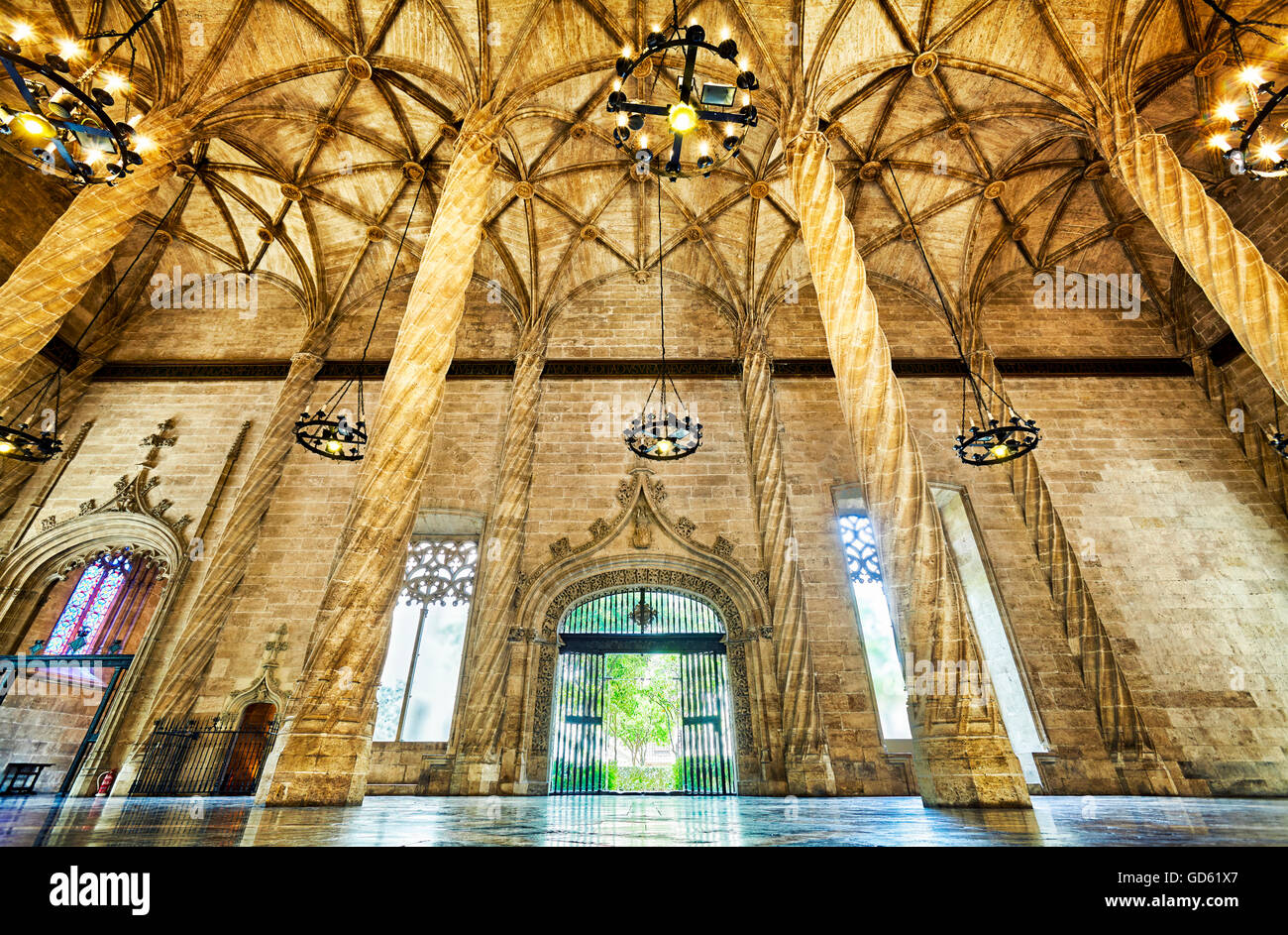 Der Vertrag-Halle auf der Llotja De La Seda Seide Börsengebäude. UNESCO-Weltkulturerbe. Valencia. Spanien Stockfoto