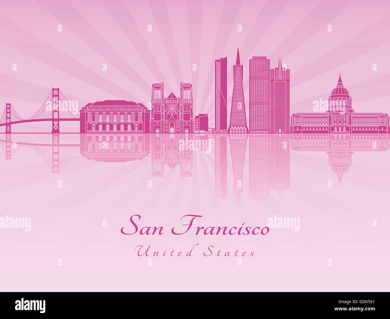 Skyline von San Francisco in lila leuchtende Orchidee in bearbeitbare Vektordatei Stockfoto