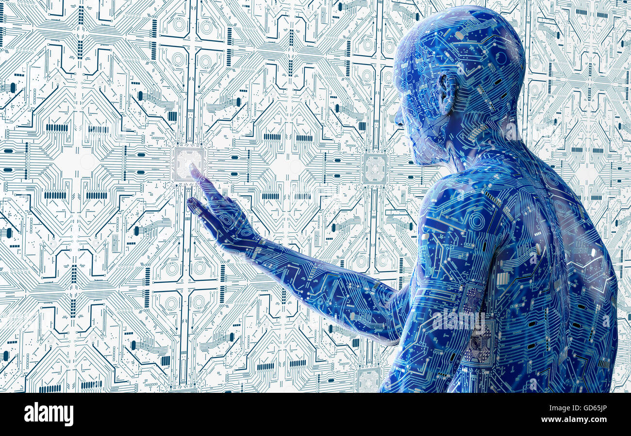 humanoide Roboter klicken auf Computer im Netzwerk, 3d illustration Stockfoto