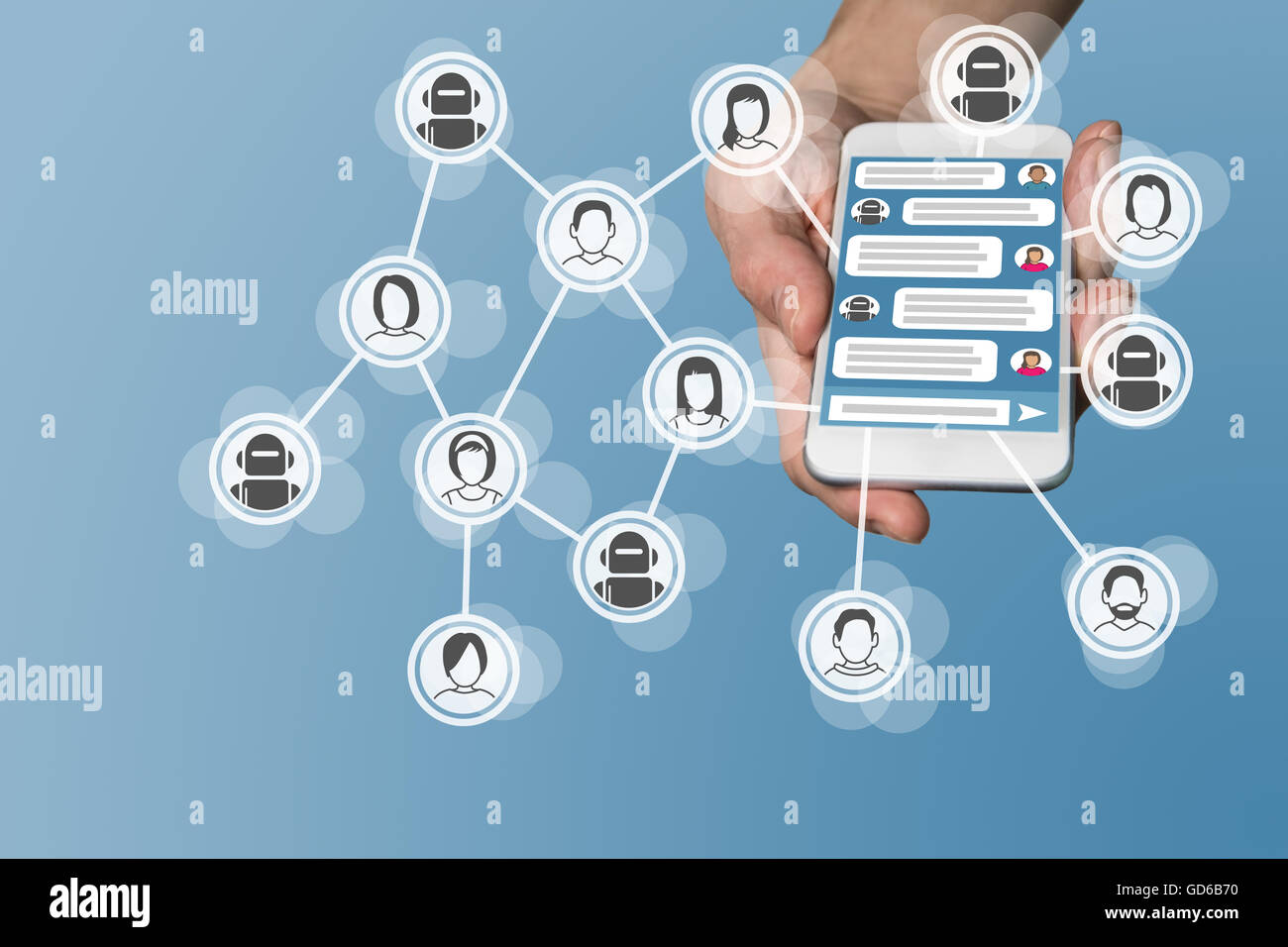 Chatbot Konzept mit instant Messenger auf Smartphone angezeigt Stockfoto