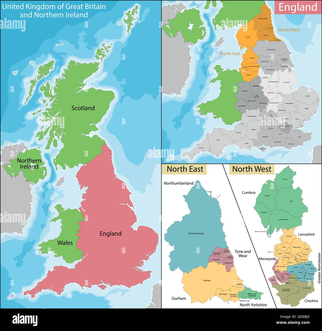 Karte von Nord-Ost und West England Stock Vektor