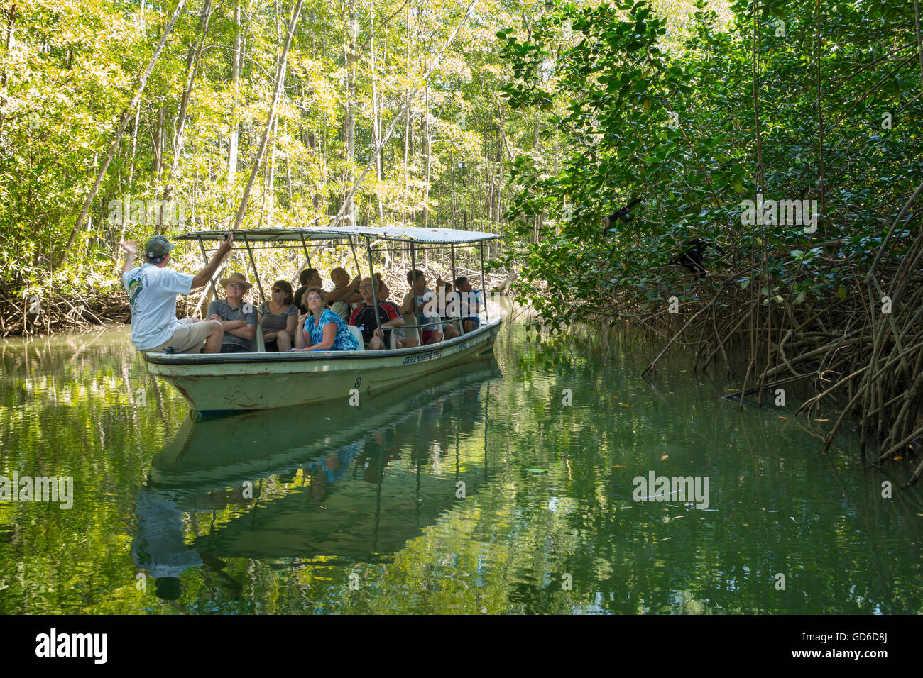 Ein Mangroven Tourenboot voller Touristen anziehen von der Firma Iguana Tours in Quepos, Costa Rica. Stockfoto