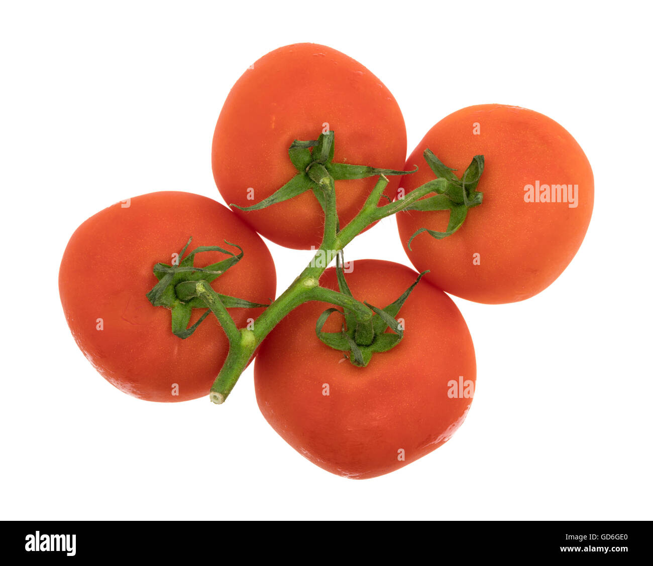 Ansicht von oben aus einem Cluster von Bio rote Tomaten isoliert auf einem weißen Hintergrund. Stockfoto