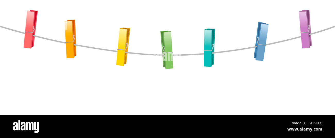 Farbige Wäscheklammern auf eine Kleidung Linie Seil. Stockfoto