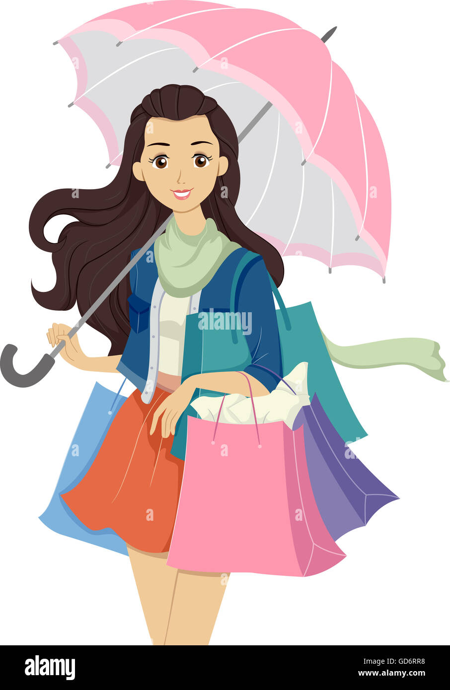 Abbildung eines Mädchens mehrere Einkaufstaschen tragen Stockfoto