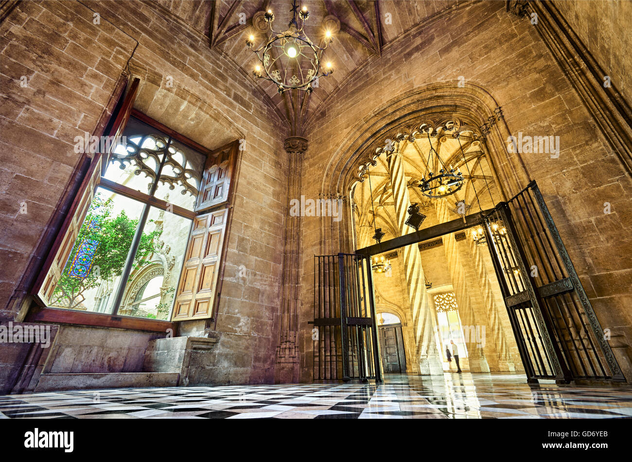 Innere der Llotja De La Seda, Seide Börsengebäude im spätgotischen Stil. UNESCO-Weltkulturerbe. Valencia. Spanien Stockfoto