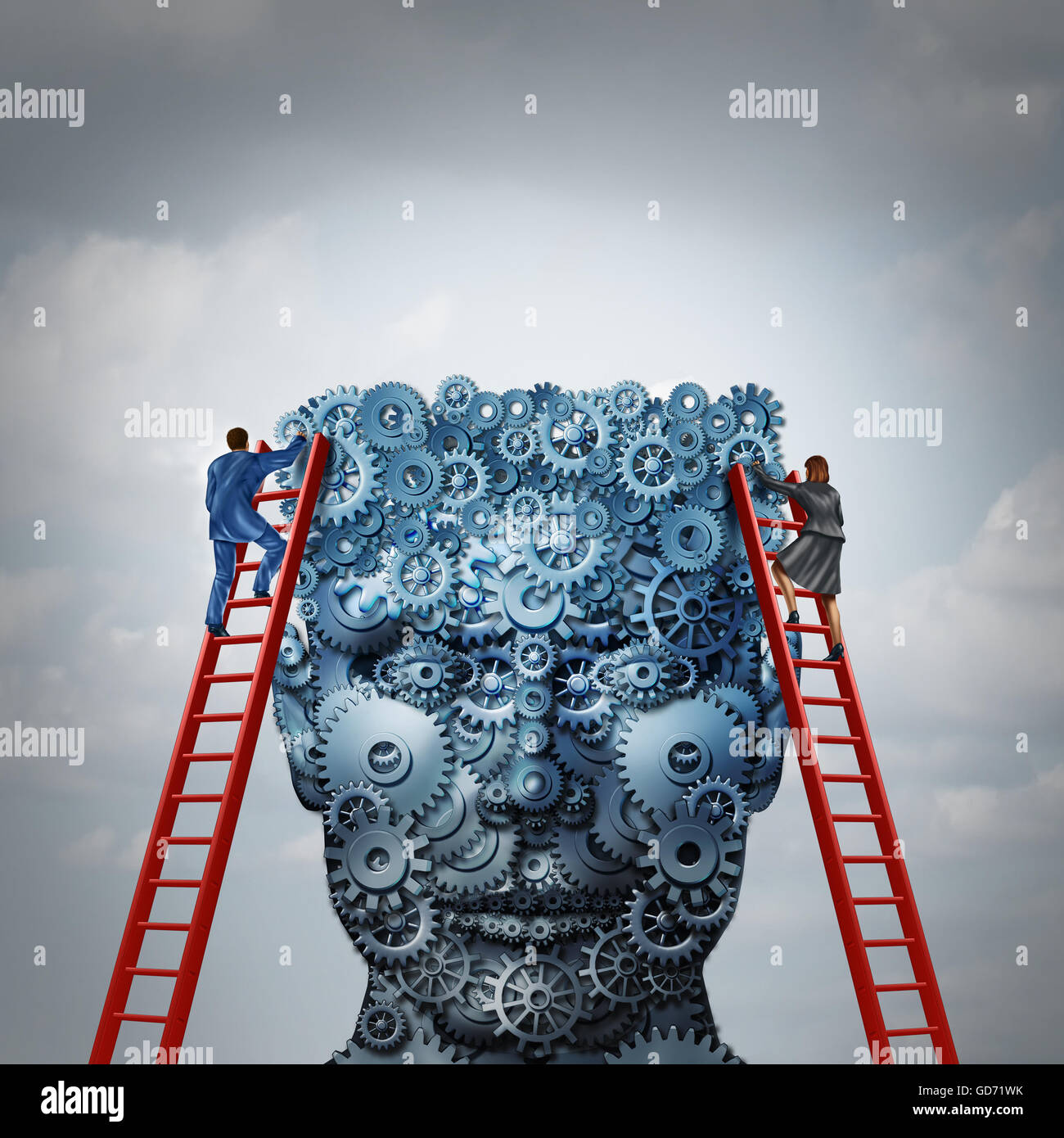 Technologieunternehmens Entwicklung schaffen Zukunft leistungsfähige Robotik mit Mensch und Maschine kommen zusammen in eine als ein technologisches Konzept der Mensch-Computer-Technik zusammen mit der Intelligenz der Menschen mit 3D Abbildung Elemente verbinden. Stockfoto