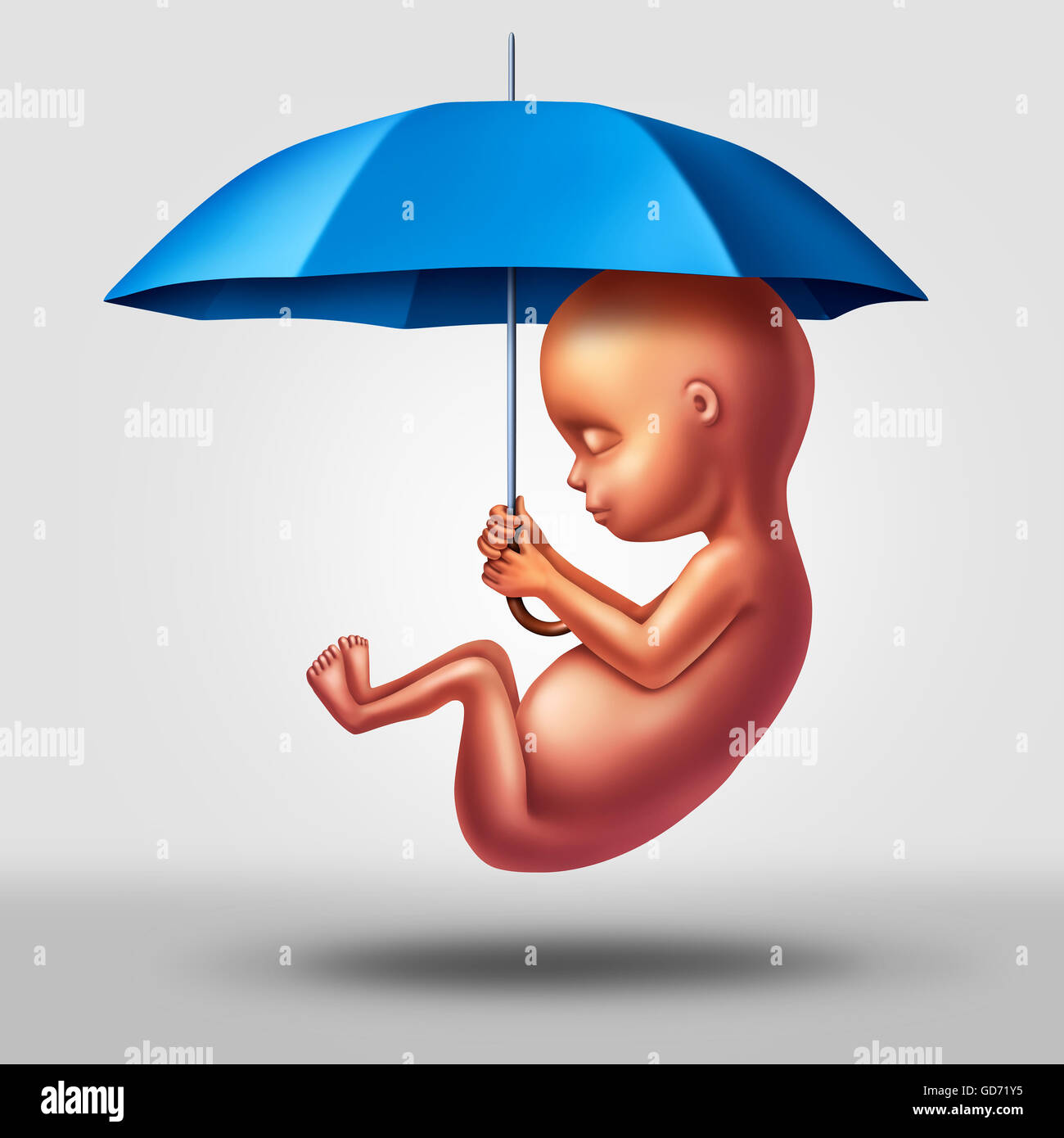 Schwangerschaft medizinische Schutzsymbol als eines menschlichen Fötus hält einen Regenschirm als Gesundheitswesen Pränatalmedizin Konzept, Krankheit auf das ungeborene Kind mit 3D Abbildung Elemente zu verhindern. Stockfoto