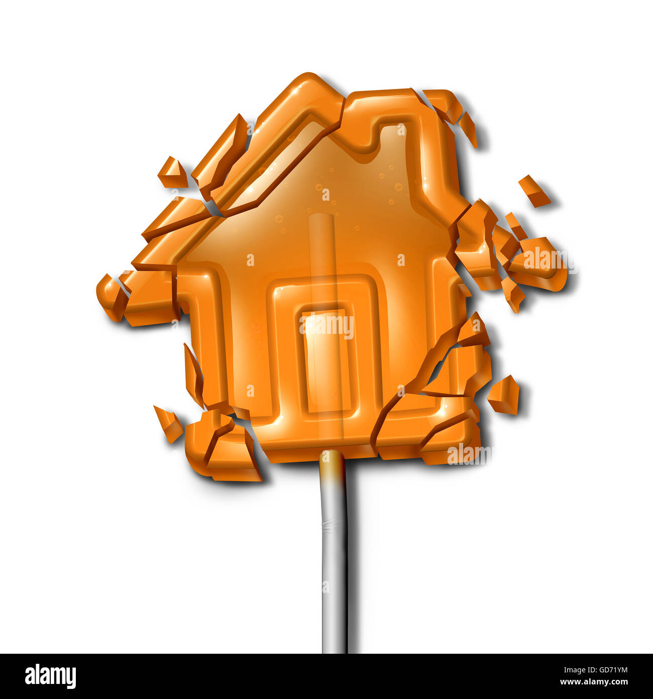 Gebrochene Home Konzept als zerbrochene Candy Lollipop geformt als unruhigen Haus als Familienkrise Symbol oder finanzielle Abschottung Stockfoto