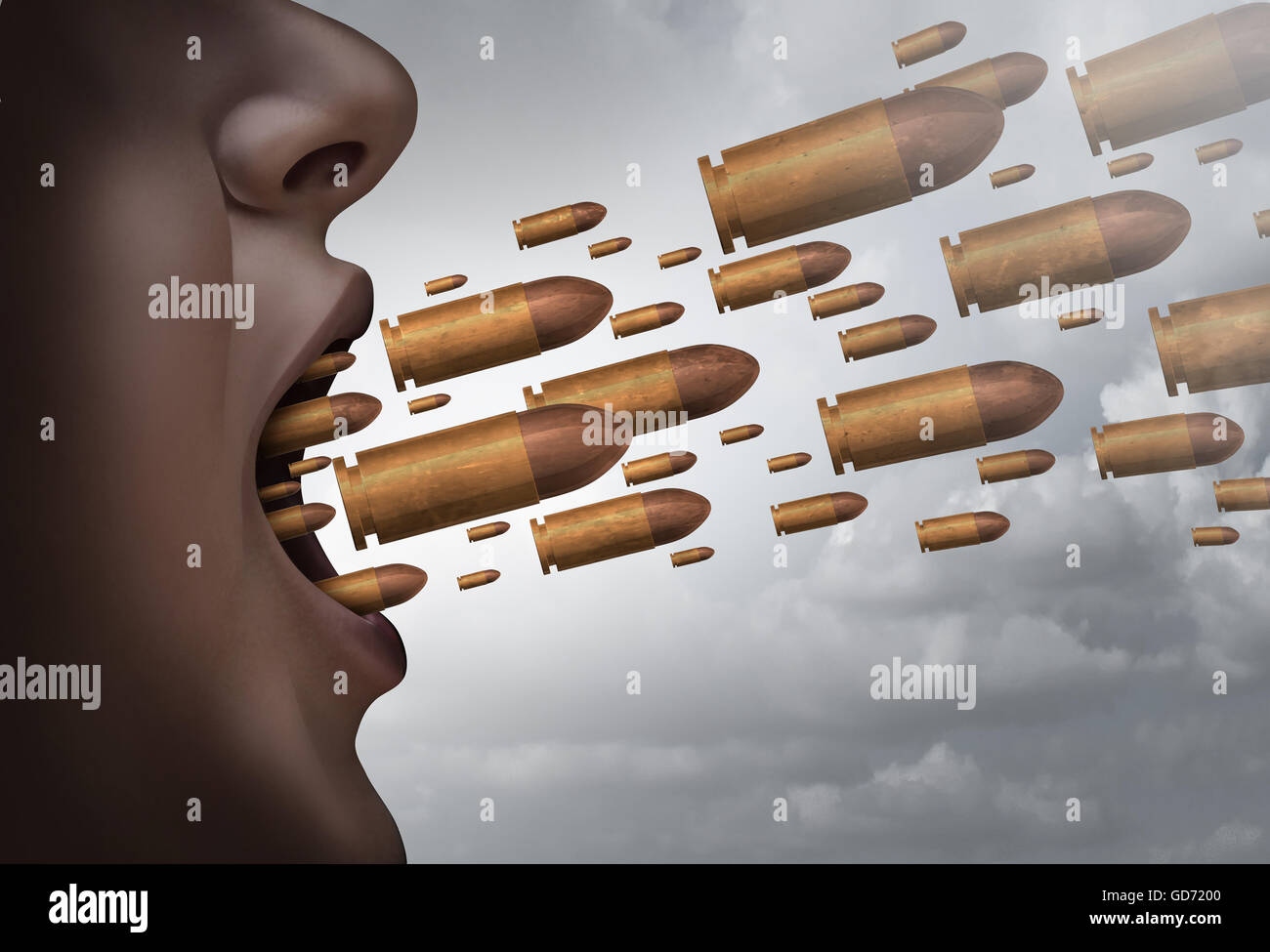 Kämpfen Sie mit Worten Sozialausgabe Konzept als eine Person mit Kugeln fliegen aus dem Mund als Metapher für ausgeprägte kommunikative und aggressiv mit 3D Abbildung Elemente schreien schreien. Stockfoto
