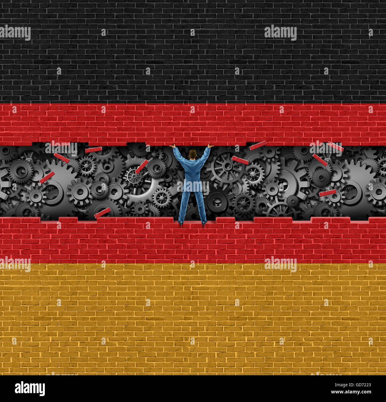 Deutschen Industrie und deutschen Wirtschaft oder Wirtschaftsmotor als Geschäftsmann eine Mauer mit einer Flagge gemalt auf der Oberfläche offenbaren die Economicengine innen mit 3D Abbildung Elemente heben. Stockfoto