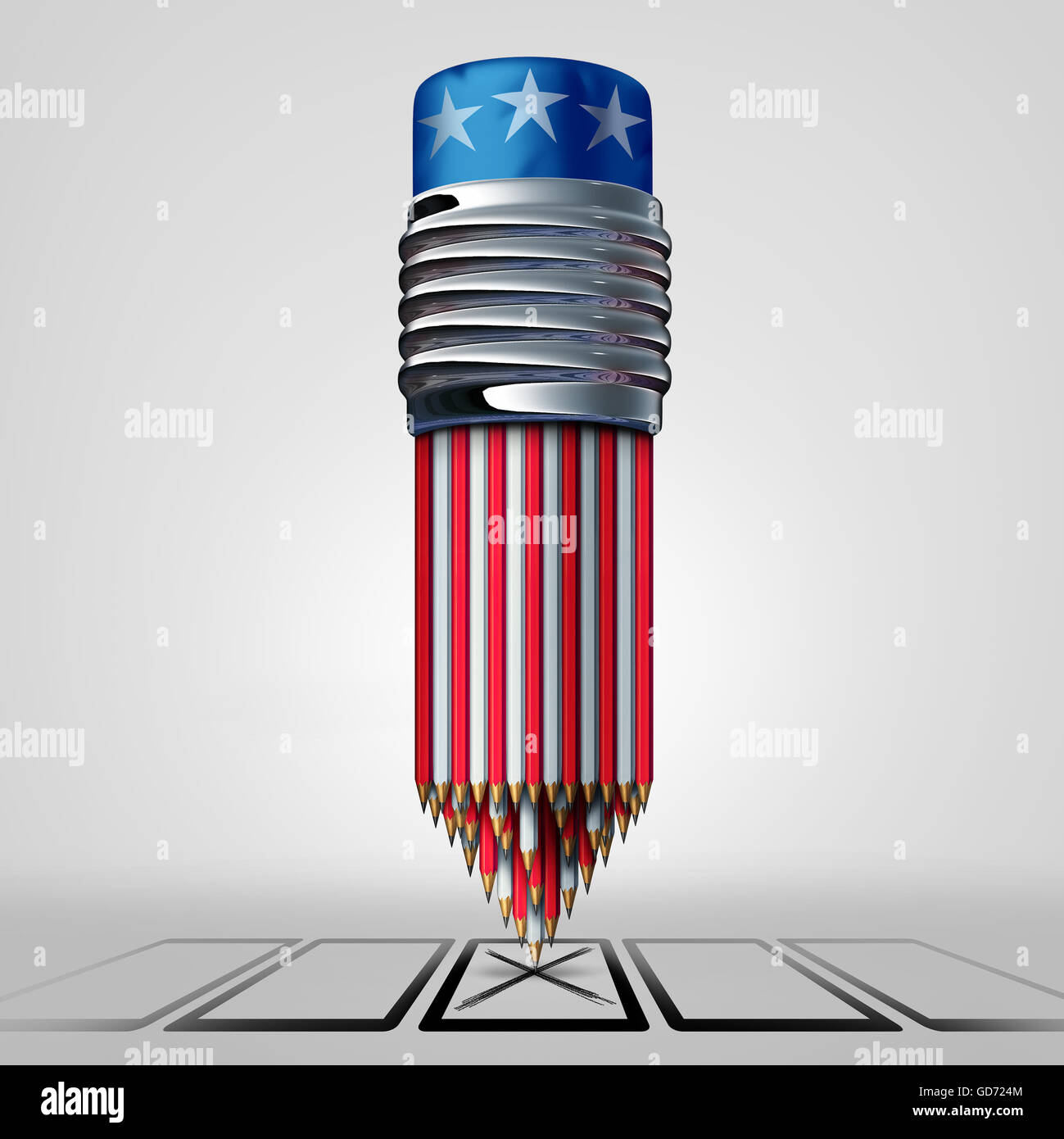 USA-Abstimmung und Wähler Konzept als eine Gruppe von Bleistifte mit weißen Farben rot und Blau amerikanische casting ein Abstimmungsverhalten auf eine Stockfoto