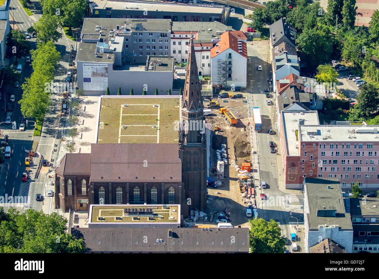 Luftaufnahme, Musikzentrum Bochum, an der Marienkirche Kirche, Marienplatz Square, Bochumer Symphoniker, Stadtentwicklung, Stockfoto