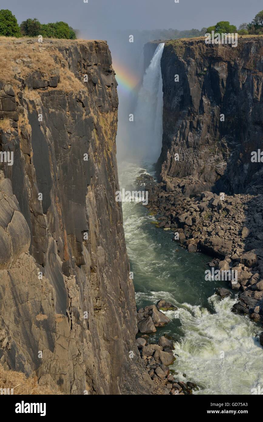 Regenbogen über Viktoriafälle am Sambesi, UNESCO-Weltkulturerbe seit 1989, Viktoriafälle Stockfoto