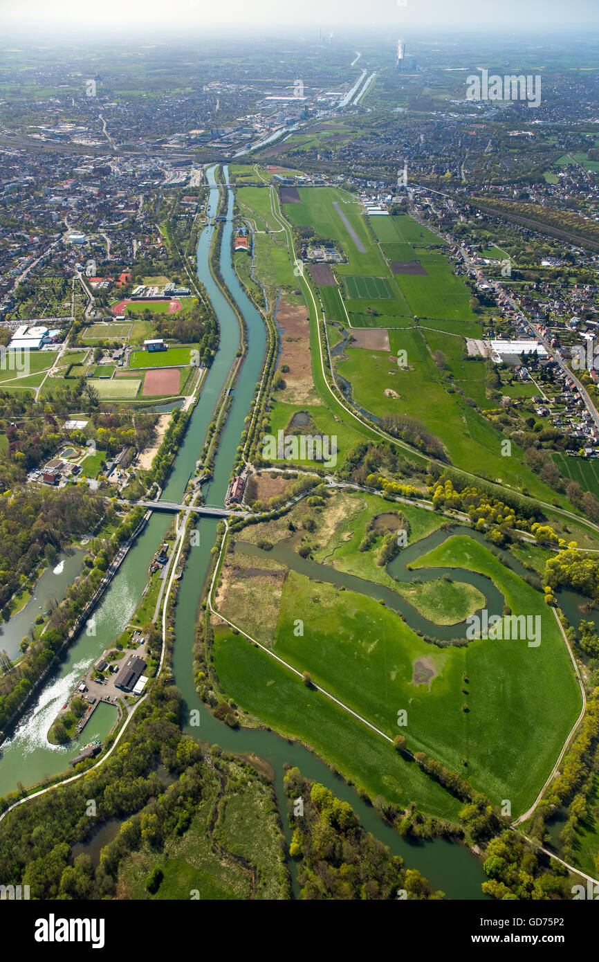Luftaufnahme, Lippe, Datteln-Hamm-Kanal, Flughafen Hamm-Lippewiesen, Lippeauen Hamm-Mitte, Hamm, Ruhrgebiet Stockfoto