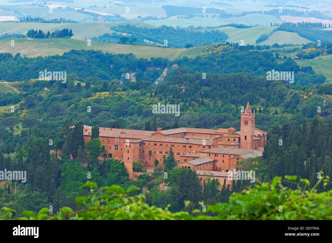 Monte Oliveto Maggiore, Abtei von Monte Oliveto Maggiore, Asciano, Provinz Siena, Crete Senesi, Toskana, Italien, Europa Stockfoto