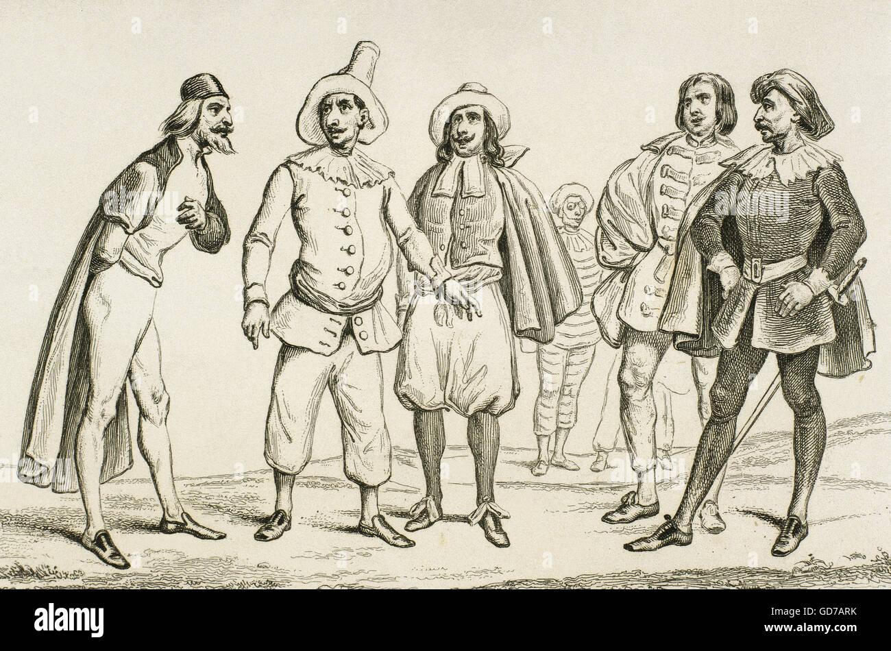 Italien. Commedia dell. Kostüme. 16. Jahrhundert. Gravur. Stockfoto