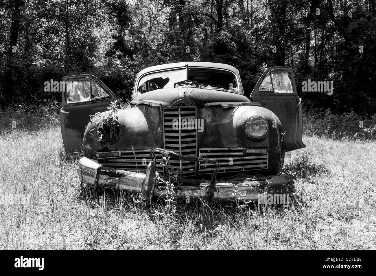 Crawfordville, Florida - USA. Mai 2016 - verrosteten alten Oldtimer im Wald Wakulla aufgegeben Stockfoto