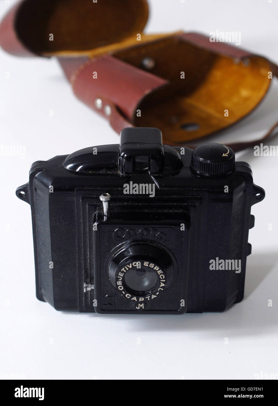 Alte Bakelit Kamera mit Ledertasche Stockfoto