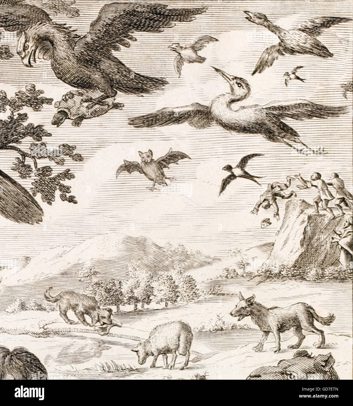 Detail mit dem Tod von Aesop aus einem das Frontispiz des "Fabeln des Aesop und andere bedeutende Mythologen" von Sir Roger L'Estrange (1616-1704) Erstveröffentlichung im Jahre 1692. Siehe Beschreibung für mehr Informationen. Stockfoto