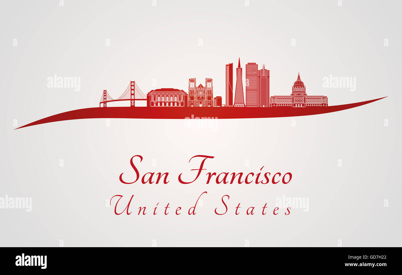 Skyline von San Francisco im roten und grauen Hintergrund in bearbeitbare Vektordatei Stockfoto