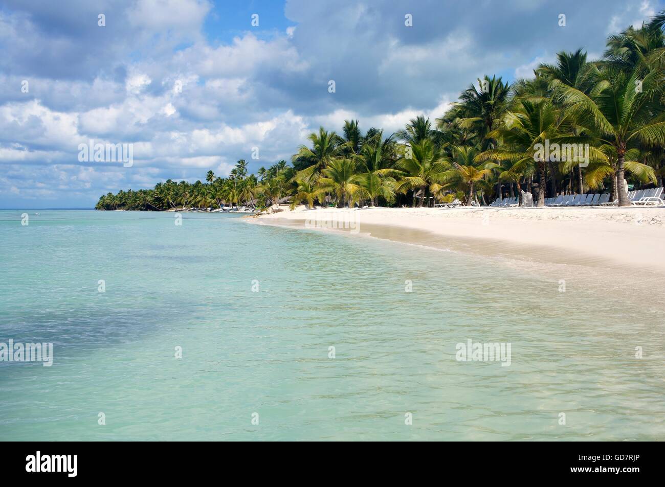 Klares blaues Wasser treffen Palm von Bäumen gesäumten Strand Stockfoto