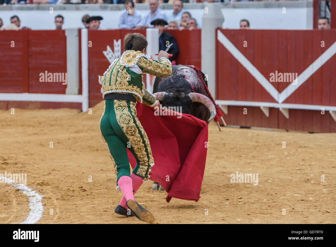 Die spanischen Torero Julian Lopez El Juli bereitet einen Stier mit seinem Schwert in der Stierkampfarena Pozoblanco, Spanien zu töten Stockfoto