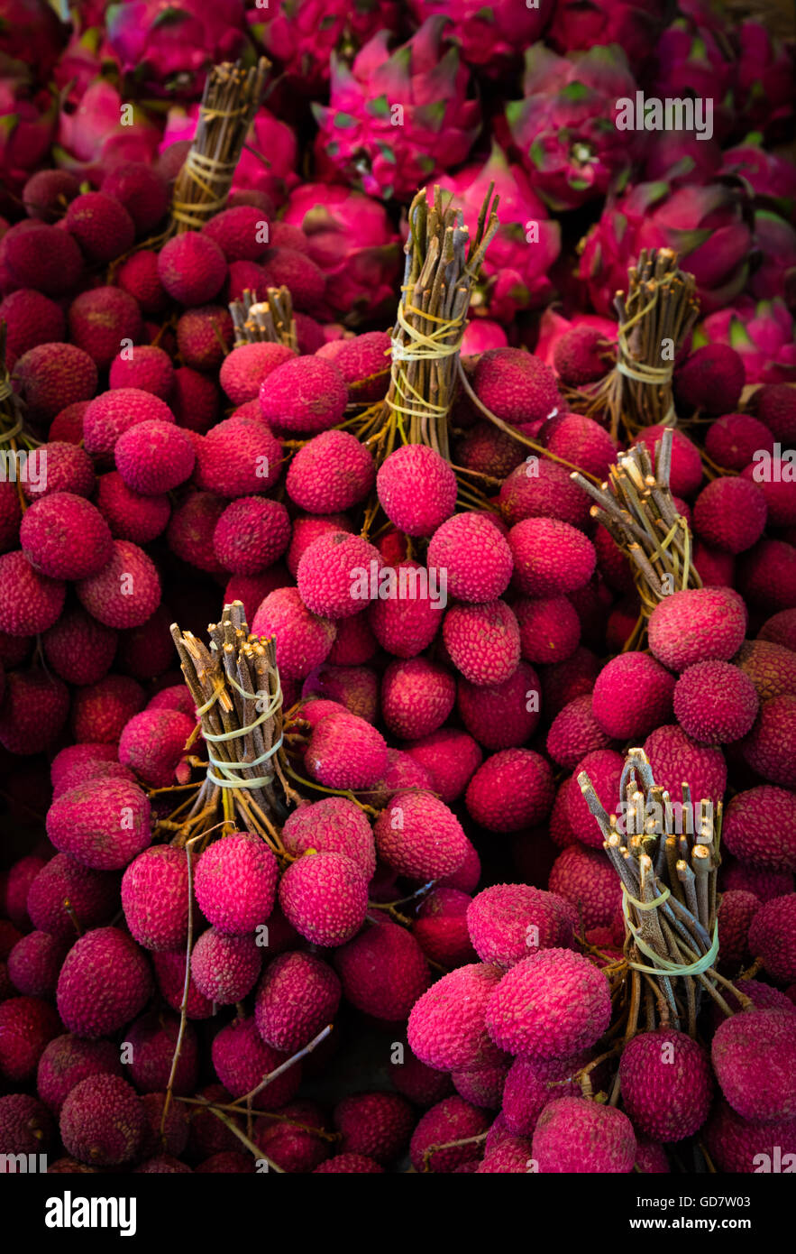 Lychee Früchte am Wochenmarkt in New Yorks Chinatown Stockfoto