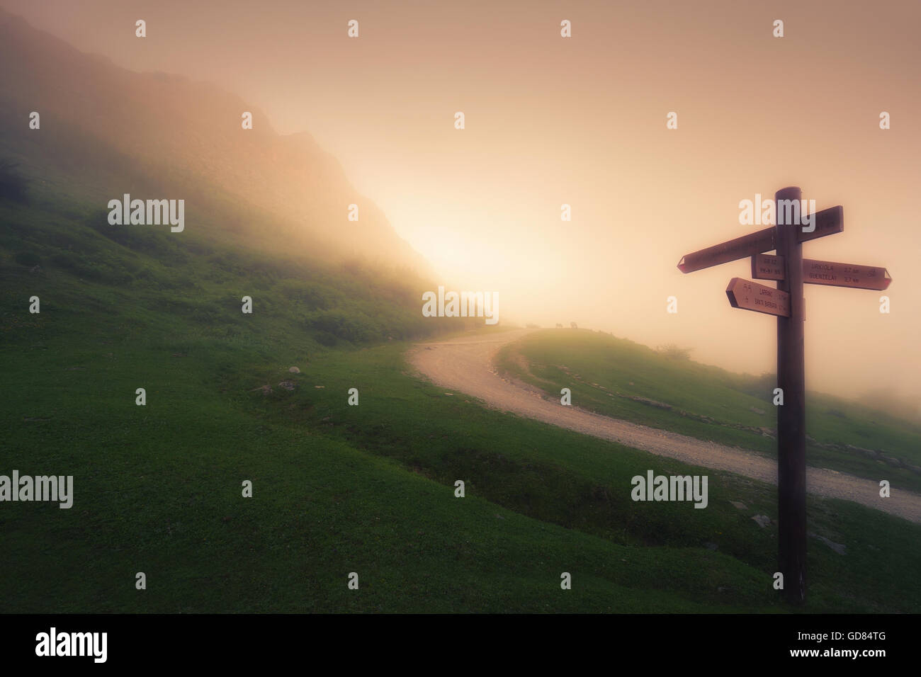 Wegweiser aus Holz auf einem nebeligen Berg Stockfoto