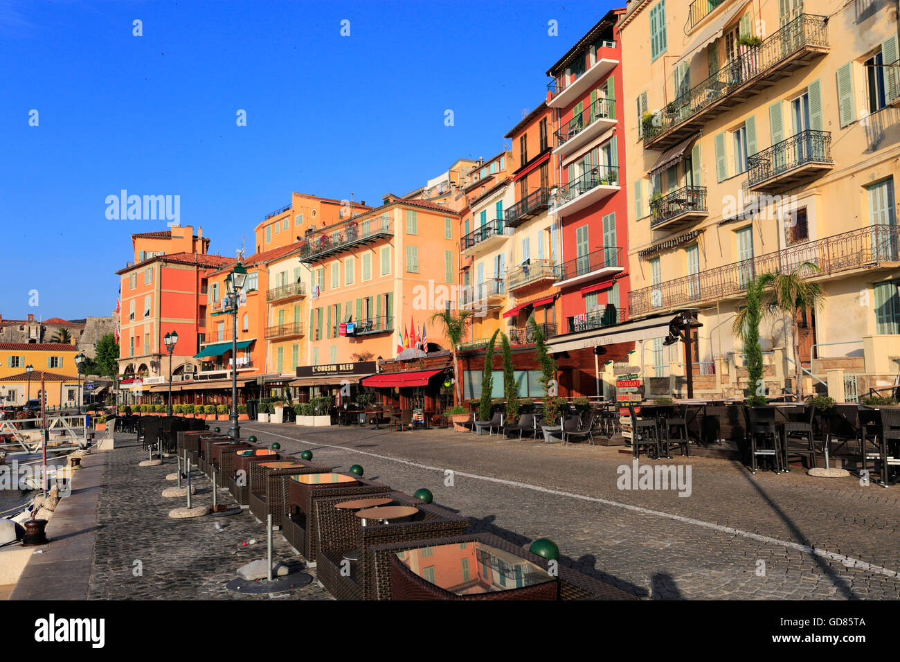 Blick auf das Hafengebiet, Villefranche-Sur-Mer-Dorf, Provence-Alpes-Côte d ' Azur, Côte d ' Azur, Frankreich. Stockfoto