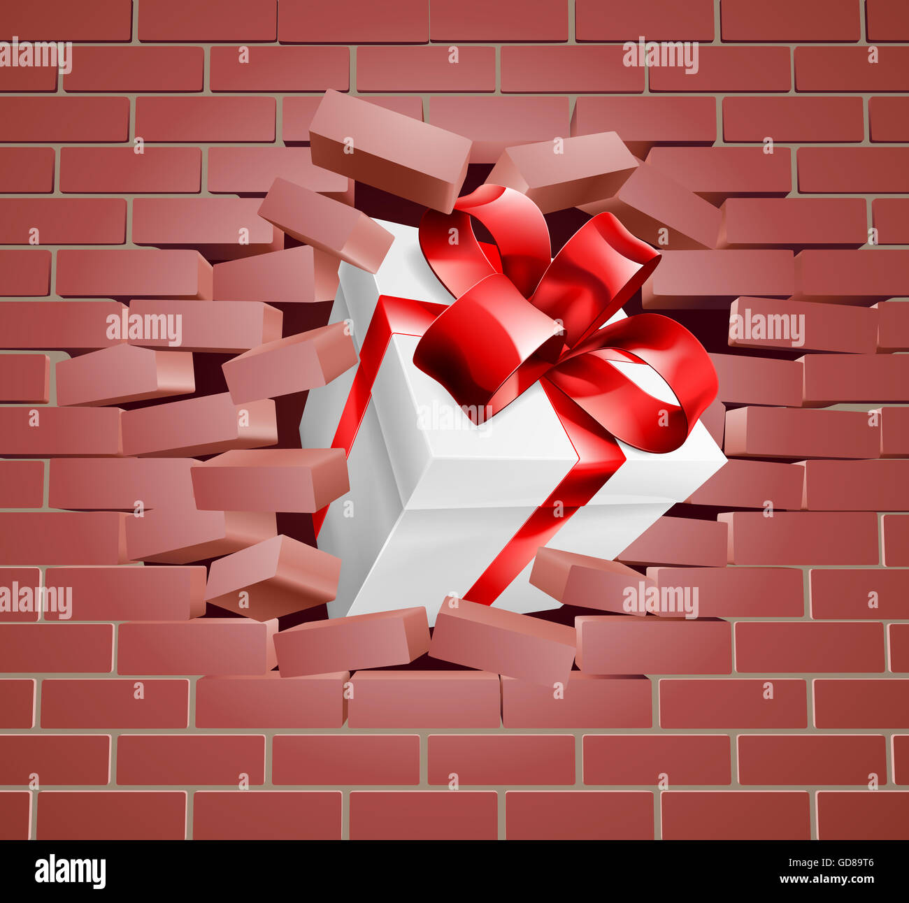 Ein Geschenk mit rotem Band und Bogen eine Mauer durchbrechen Stockfoto