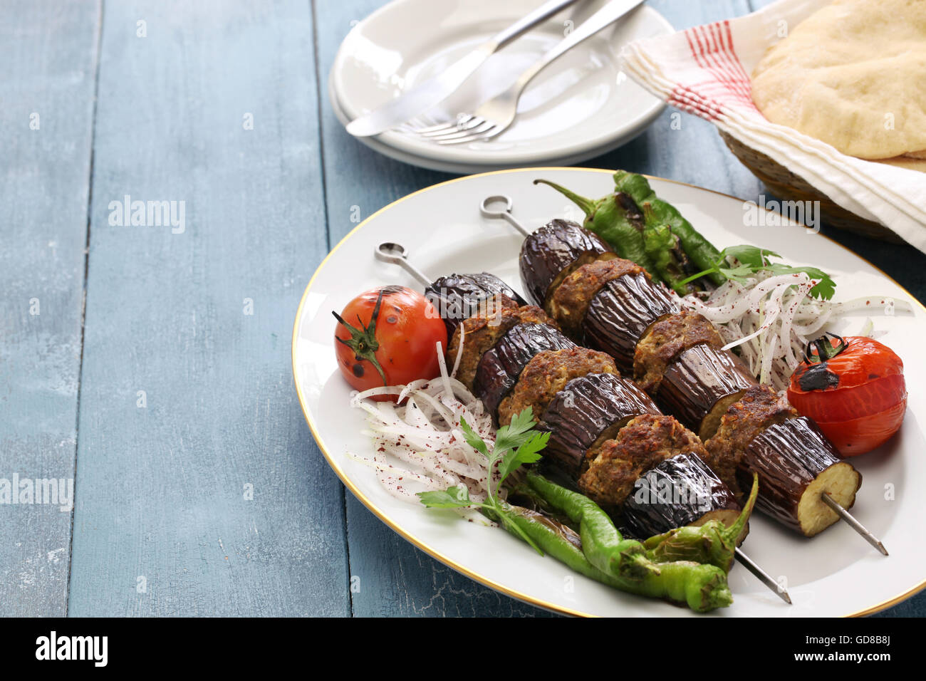 Aubergine Kebap, Patlican Kebap, türkische Küche Stockfoto