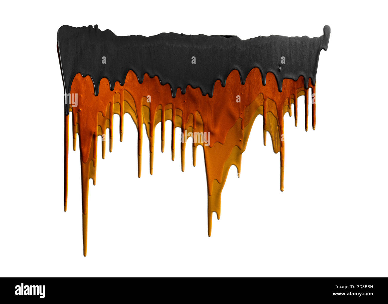 drei Schattierungen von orange und schwarzen Farben tropft isoliert auf weißem Hintergrund Stockfoto
