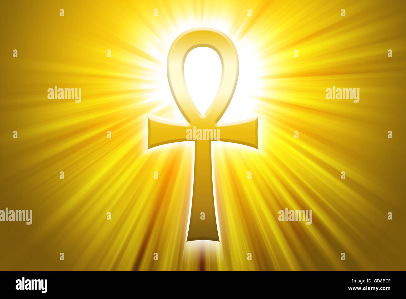 Golden Ankh mit Sonnenstrahlen. Auch Atem des Lebens, den Schlüssel des Nil oder Crux Ansata, mit einem Griff zu überqueren. Ägyptisches symbol Stockfoto