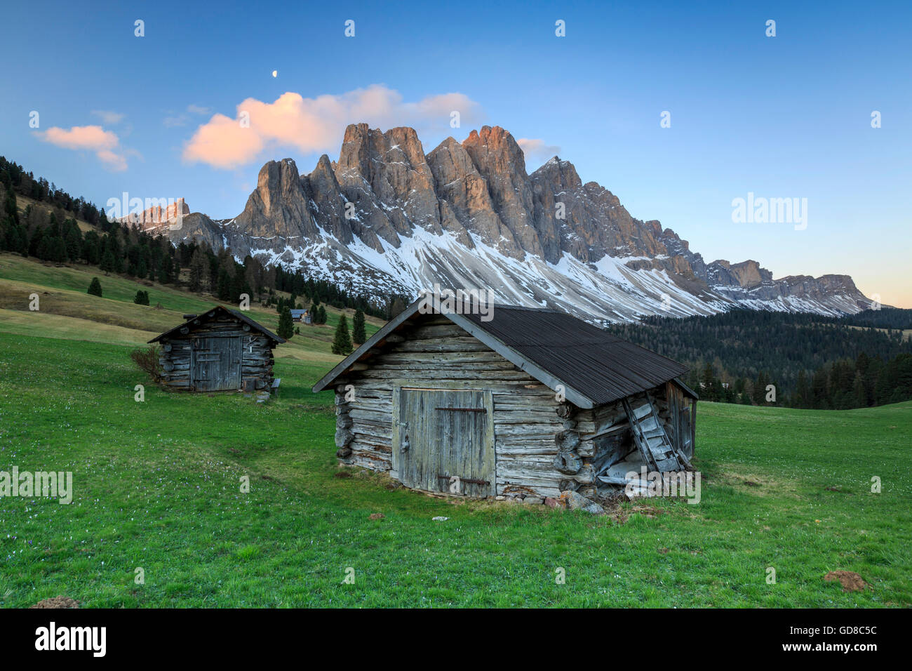 Blick auf die Geisler vom Gampen Alm im Morgengrauen Villnösser Tal Dolomiten Süd-Tirol Italien Europa Stockfoto