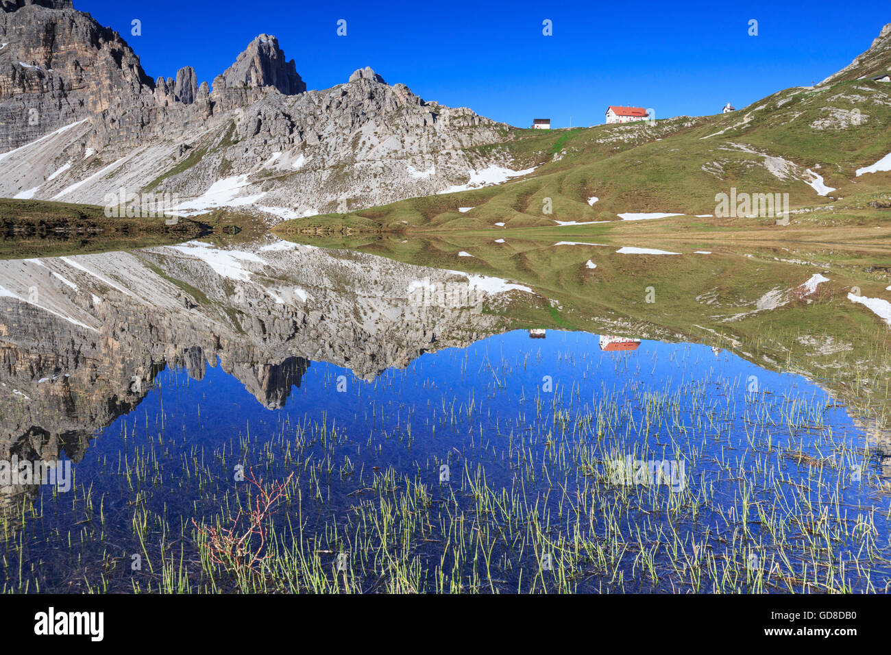 Blick vom Laghi dei Piani Zuflucht Locatelli und montieren Paterno Sextner Dolomiten Trentino Alto Adige Italien Europa Stockfoto