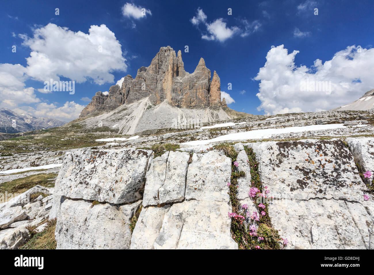 Blick auf die drei Zinnen von Lavaredo an einem Sommertag Sextner Dolomiten Trentino Alto Adige Italien Europa Stockfoto