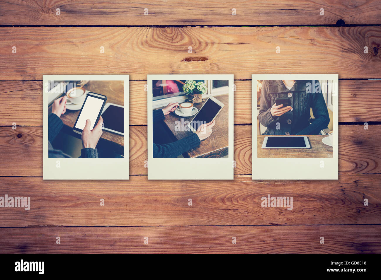 Frame-Fotos von Frau mit Handy und Tablet in Coffee-Shop-Konzept auf Holz Hintergrund der Tabelle gesetzt. Jahrgang gefiltert. Stockfoto