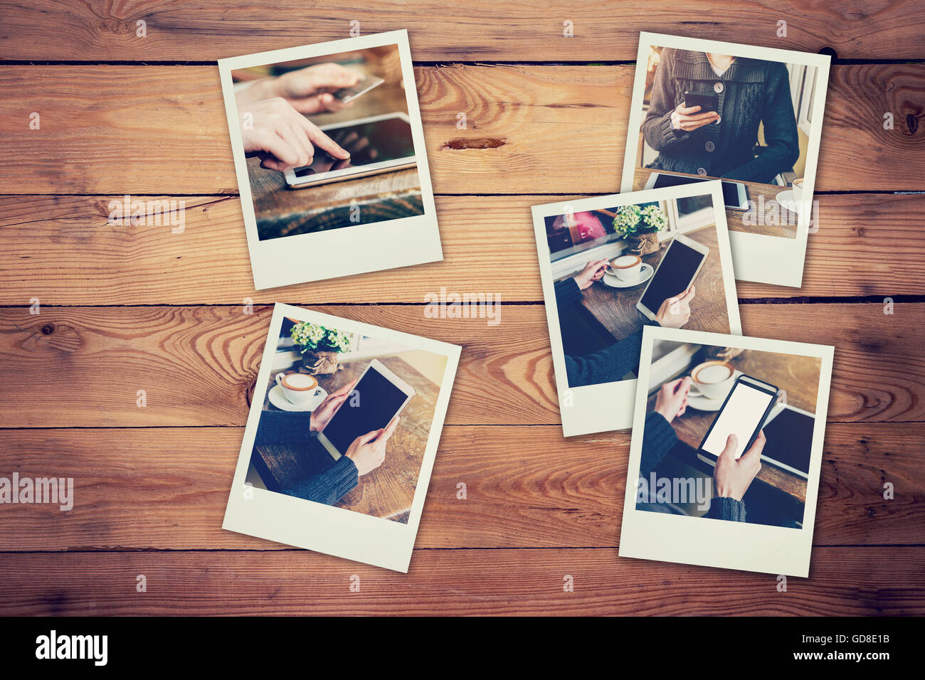 Frame-Fotos von Frau mit Handy und Tablet in Coffee-Shop-Konzept auf Holz Hintergrund der Tabelle gesetzt. Jahrgang gefiltert. Stockfoto