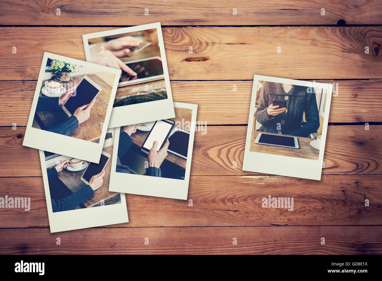 Frame-Fotos von Frau mit Handy und Tablet in Coffee-Shop-Konzept auf Holz Hintergrund der Tabelle gesetzt. Jahrgang gefiltert. Stockfoto