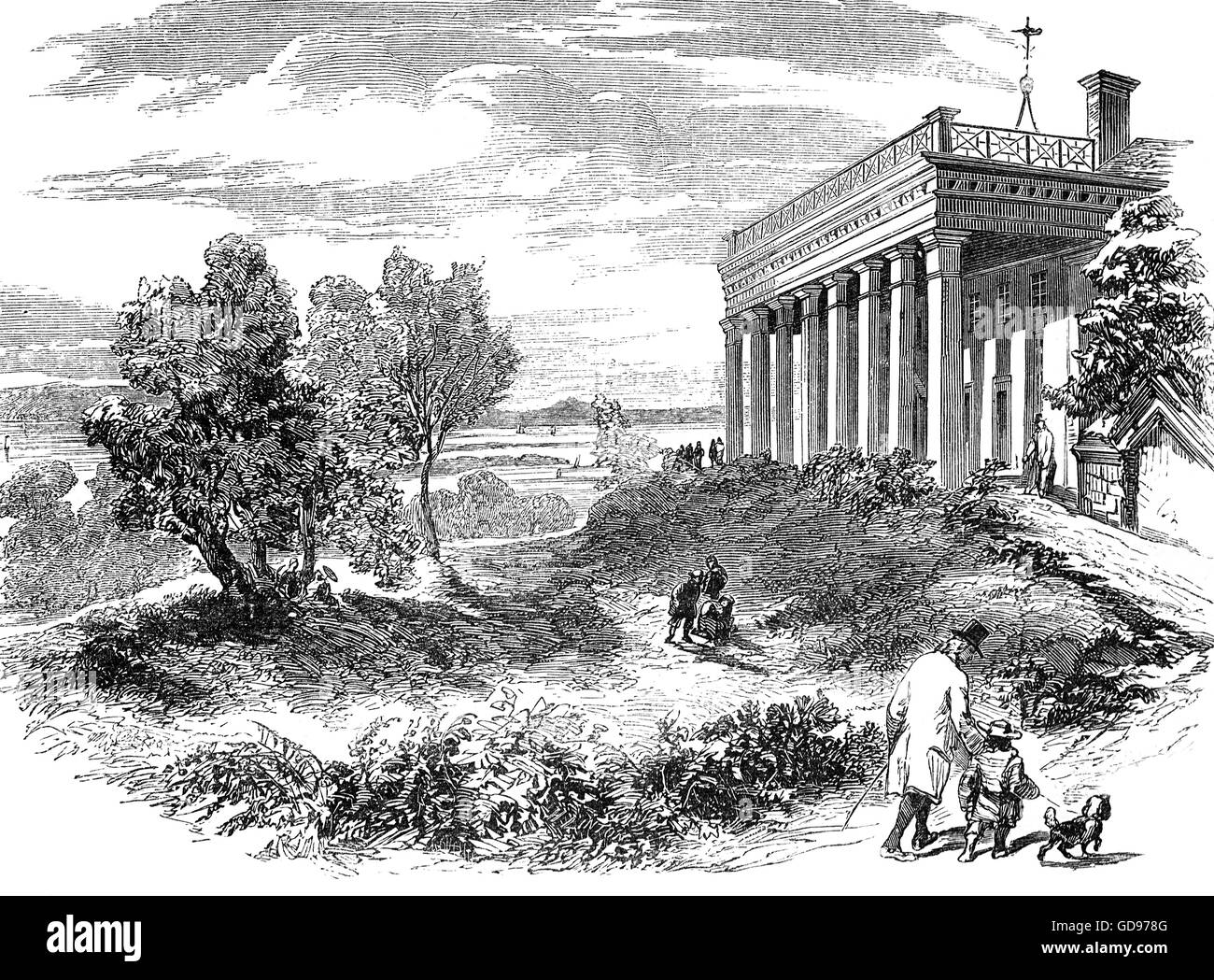 Mount Vernon, die Plantage-Haus von George Washington, erster Präsident der Vereinigten Staaten und seine Frau, Martha Dandridge Custis Washington. Das Anwesen befindet sich am Ufer des Potomac River in Fairfax County, Virginia, in der Nähe von Alexandria, gegenüber Prinz Georges County, Maryland. Stockfoto